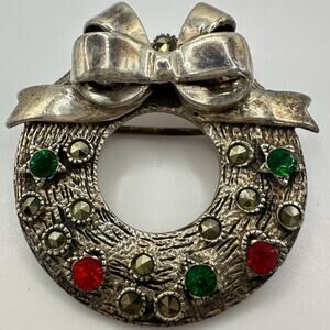 Vintage 925 sterling silver marcasite rhinestones Christmas wreath brooch 13g